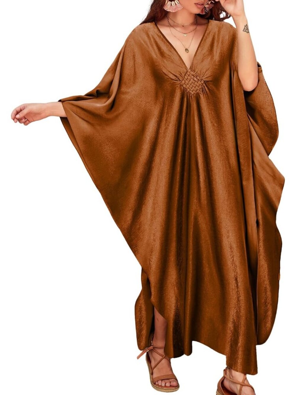 Women's Plus Size Brown Kaftan Maxi Dress V Neck Batwing Swimsuit Cover Up
